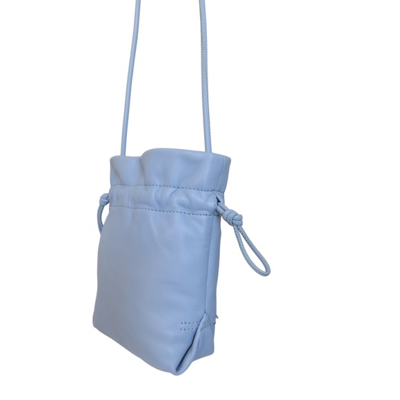 J. Crew Lisbon Blue Leather Crossbody Bag Mini Drawstring Pouch Purse Handbag - Picture 2 of 9